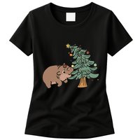 Funny Moo Deng Biting Xmas Tree Baby Pygmy Hippo Christmas Womens T-Shirt