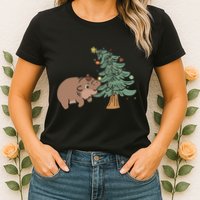 Funny Moo Deng Biting Xmas Tree Baby Pygmy Hippo Christmas Womens T-Shirt