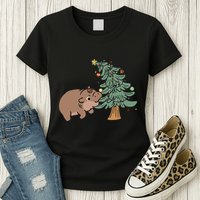 Funny Moo Deng Biting Xmas Tree Baby Pygmy Hippo Christmas Womens T-Shirt