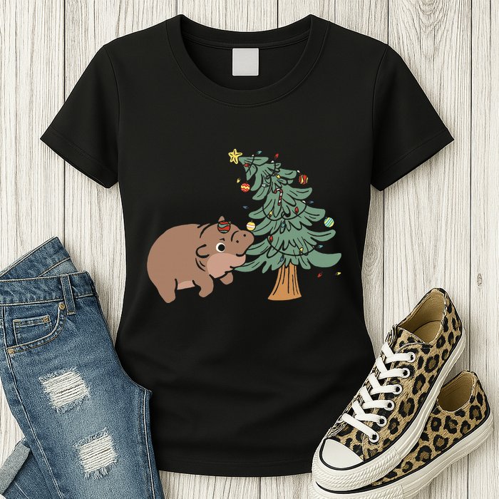 Funny Moo Deng Biting Xmas Tree Baby Pygmy Hippo Christmas Womens T-Shirt