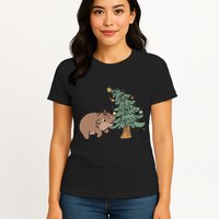 Funny Moo Deng Biting Xmas Tree Baby Pygmy Hippo Christmas Womens T-Shirt