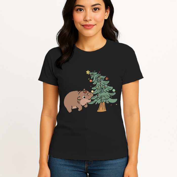 Funny Moo Deng Biting Xmas Tree Baby Pygmy Hippo Christmas Womens T-Shirt