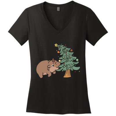 Funny Moo Deng Biting Xmas Tree Baby Pygmy Hippo Christmas Women's V-Neck T-Shirt