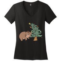 Funny Moo Deng Biting Xmas Tree Baby Pygmy Hippo Christmas Women's V-Neck T-Shirt