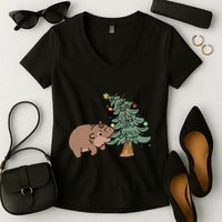 Funny Moo Deng Biting Xmas Tree Baby Pygmy Hippo Christmas Women's V-Neck T-Shirt