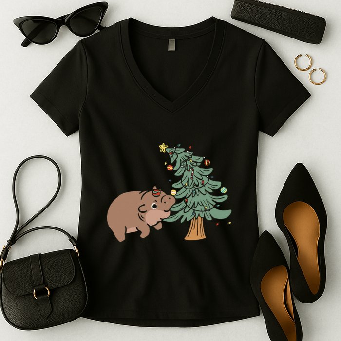 Funny Moo Deng Biting Xmas Tree Baby Pygmy Hippo Christmas Women's V-Neck T-Shirt