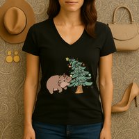 Funny Moo Deng Biting Xmas Tree Baby Pygmy Hippo Christmas Women's V-Neck T-Shirt