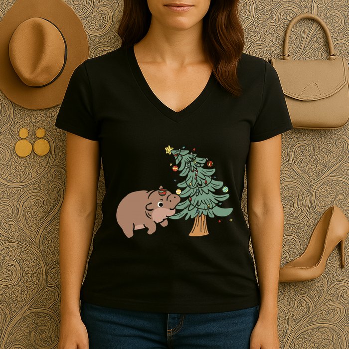 Funny Moo Deng Biting Xmas Tree Baby Pygmy Hippo Christmas Women's V-Neck T-Shirt