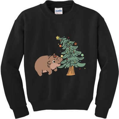 Funny Moo Deng Biting Xmas Tree Baby Pygmy Hippo Christmas Kids Sweatshirt