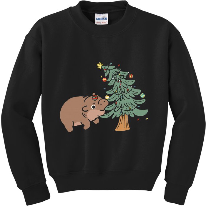Funny Moo Deng Biting Xmas Tree Baby Pygmy Hippo Christmas Kids Sweatshirt