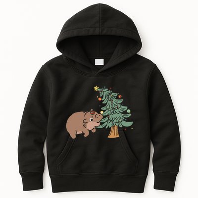 Funny Moo Deng Biting Xmas Tree Baby Pygmy Hippo Christmas Kids Hoodie