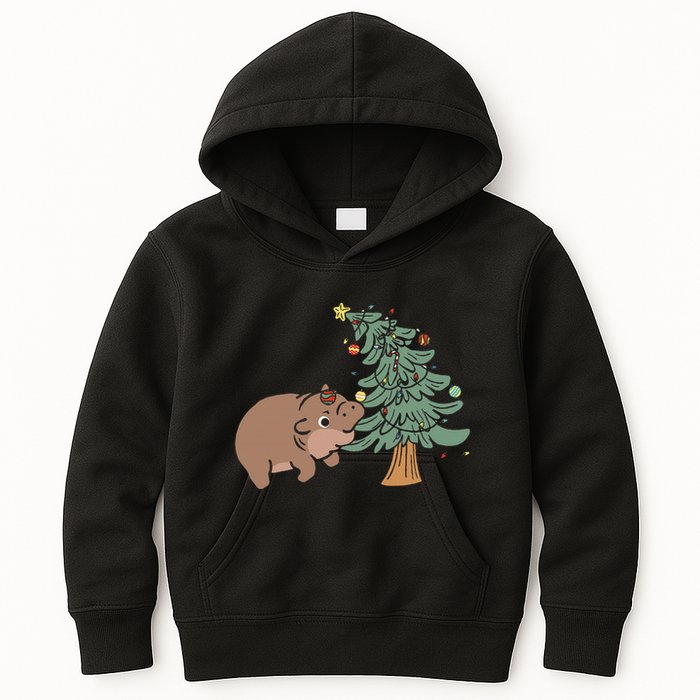 Funny Moo Deng Biting Xmas Tree Baby Pygmy Hippo Christmas Kids Hoodie