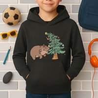 Funny Moo Deng Biting Xmas Tree Baby Pygmy Hippo Christmas Kids Hoodie