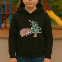 Funny Moo Deng Biting Xmas Tree Baby Pygmy Hippo Christmas Kids Hoodie