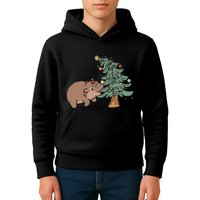 Funny Moo Deng Biting Xmas Tree Baby Pygmy Hippo Christmas Kids Hoodie