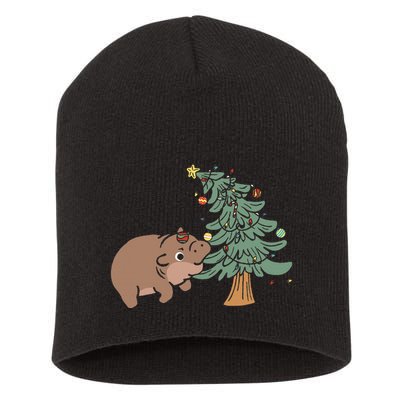 Funny Moo Deng Biting Xmas Tree Baby Pygmy Hippo Christmas Short Acrylic Beanie