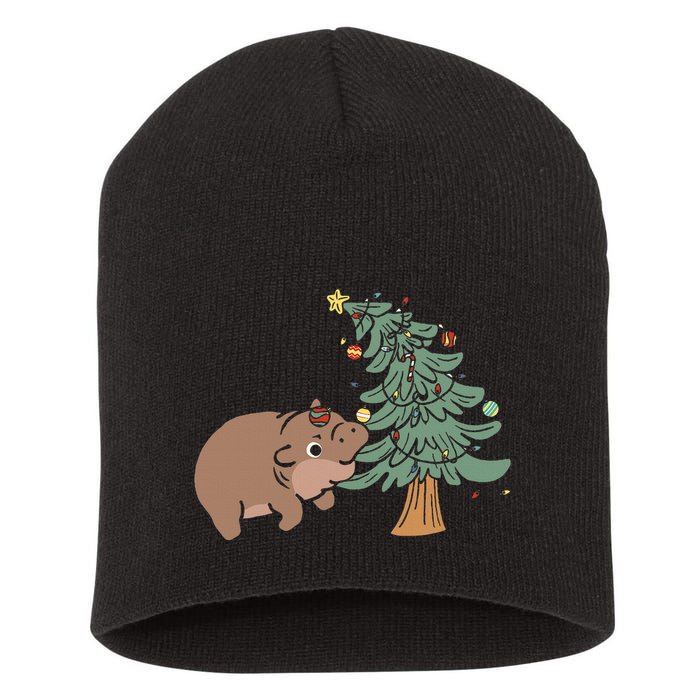 Funny Moo Deng Biting Xmas Tree Baby Pygmy Hippo Christmas Short Acrylic Beanie