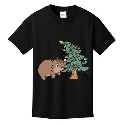 Funny Moo Deng Biting Xmas Tree Baby Pygmy Hippo Christmas Kids T-Shirt