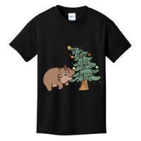 Funny Moo Deng Biting Xmas Tree Baby Pygmy Hippo Christmas Kids T-Shirt