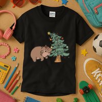 Funny Moo Deng Biting Xmas Tree Baby Pygmy Hippo Christmas Kids T-Shirt