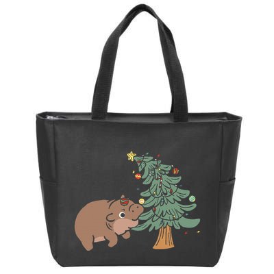 Funny Moo Deng Biting Xmas Tree Baby Pygmy Hippo Christmas Zip Tote Bag