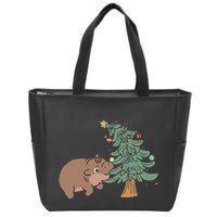 Funny Moo Deng Biting Xmas Tree Baby Pygmy Hippo Christmas Zip Tote Bag