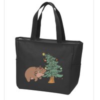 Funny Moo Deng Biting Xmas Tree Baby Pygmy Hippo Christmas Zip Tote Bag