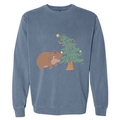 Funny Moo Deng Biting Xmas Tree Baby Pygmy Hippo Christmas Garment-Dyed Sweatshirt
