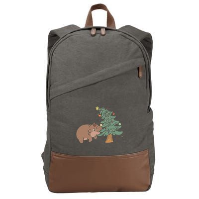 Funny Moo Deng Biting Xmas Tree Baby Pygmy Hippo Christmas Cotton Canvas Backpack
