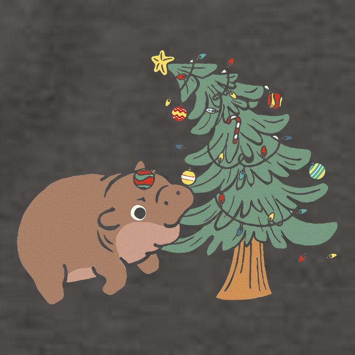Funny Moo Deng Biting Xmas Tree Baby Pygmy Hippo Christmas Vector Backpack