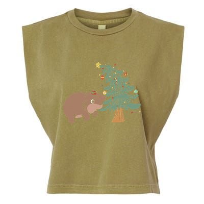 Funny Moo Deng Biting Xmas Tree Baby Pygmy Hippo Christmas Garment-Dyed Women's Muscle Tee
