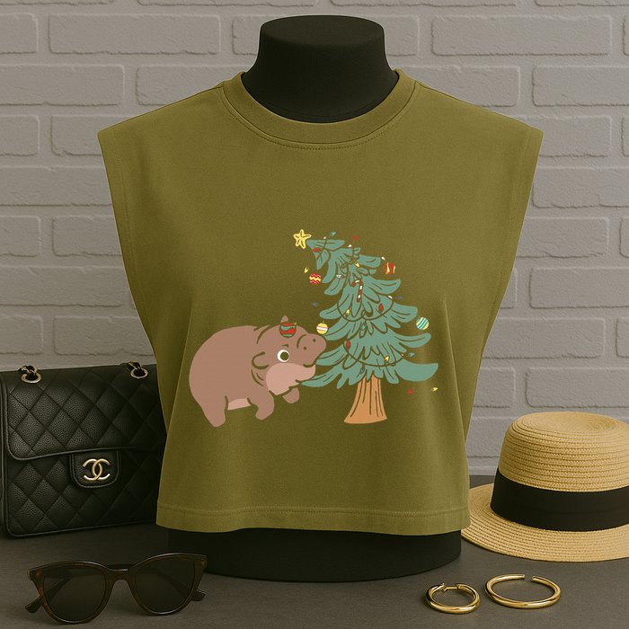 Funny Moo Deng Biting Xmas Tree Baby Pygmy Hippo Christmas Garment-Dyed Women's Muscle Tee