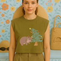 Funny Moo Deng Biting Xmas Tree Baby Pygmy Hippo Christmas Garment-Dyed Women's Muscle Tee