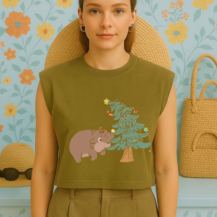 Funny Moo Deng Biting Xmas Tree Baby Pygmy Hippo Christmas Garment-Dyed Women's Muscle Tee