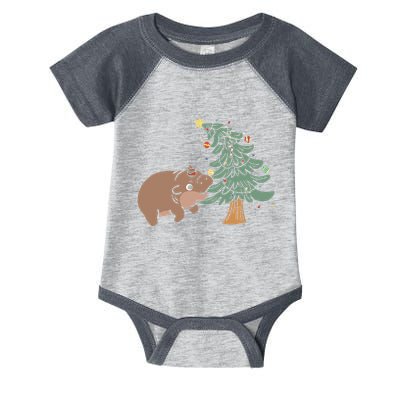 Funny Moo Deng Biting Xmas Tree Baby Pygmy Hippo Christmas Infant Baby Jersey Bodysuit