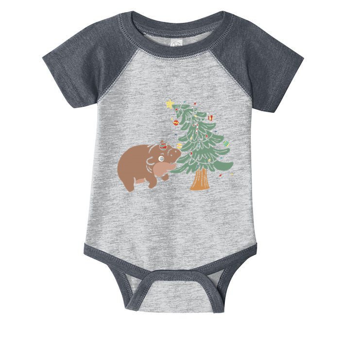 Funny Moo Deng Biting Xmas Tree Baby Pygmy Hippo Christmas Infant Baby Jersey Bodysuit