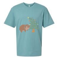 Funny Moo Deng Biting Xmas Tree Baby Pygmy Hippo Christmas Sueded Cloud Jersey T-Shirt