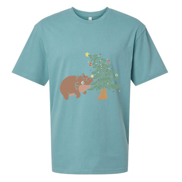 Funny Moo Deng Biting Xmas Tree Baby Pygmy Hippo Christmas Sueded Cloud Jersey T-Shirt