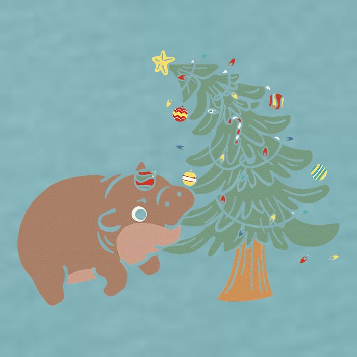Funny Moo Deng Biting Xmas Tree Baby Pygmy Hippo Christmas Sueded Cloud Jersey T-Shirt