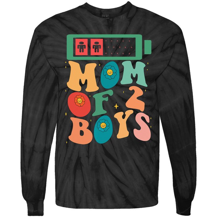 Funny Mothers Day Mom of 2Boys Outfit From Son Groovy Tie-Dye Long Sleeve Shirt