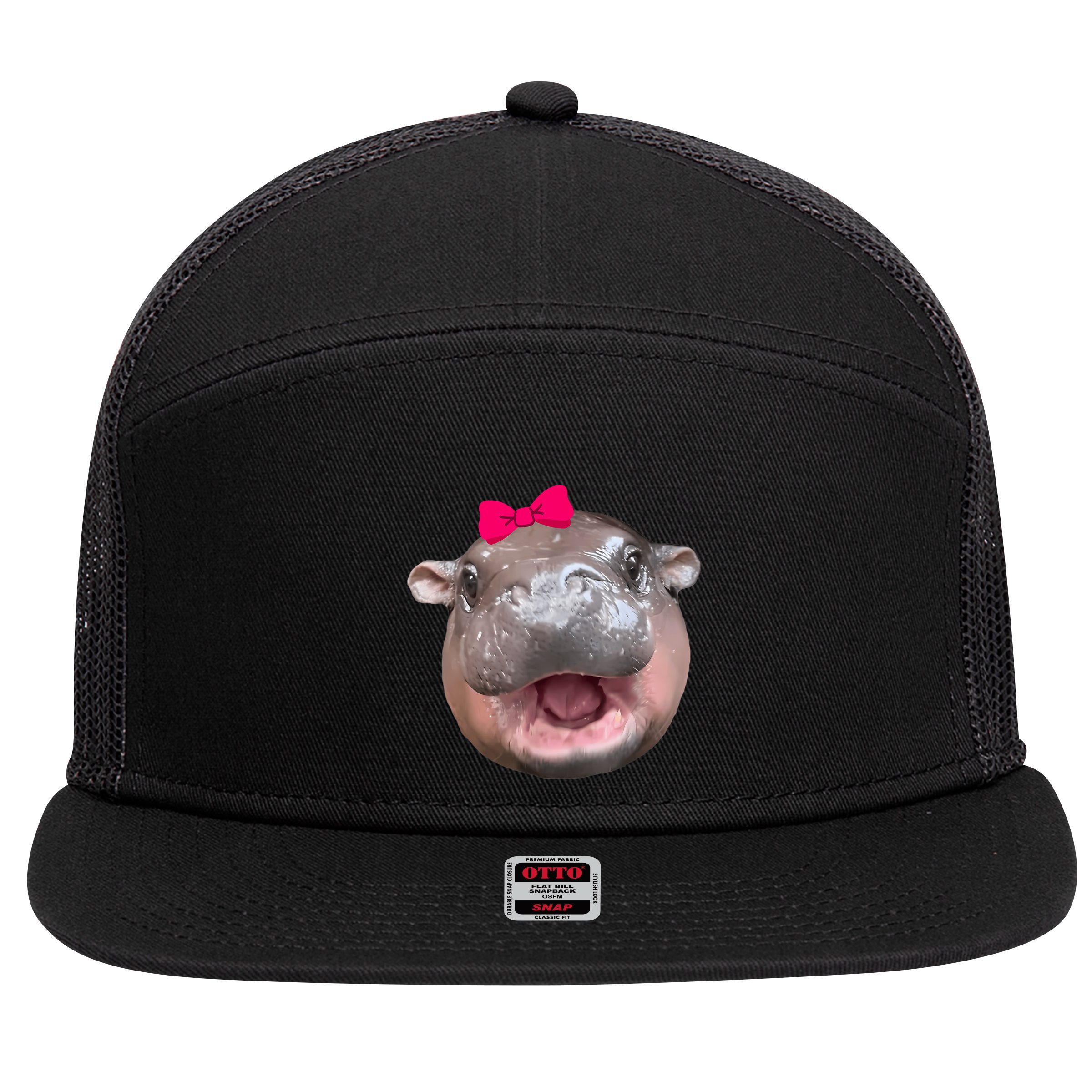 Funny Moo Deng Hippo Cute Baby Pygmy Coquette 7 Panel Mesh Trucker Snapback Hat