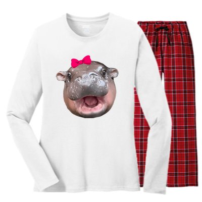 Funny Moo Deng Hippo Cute Baby Pygmy Coquette Women's Long Sleeve Flannel Pajama Set 