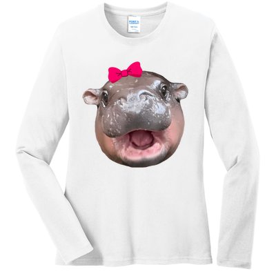 Funny Moo Deng Hippo Cute Baby Pygmy Coquette Ladies Long Sleeve Shirt