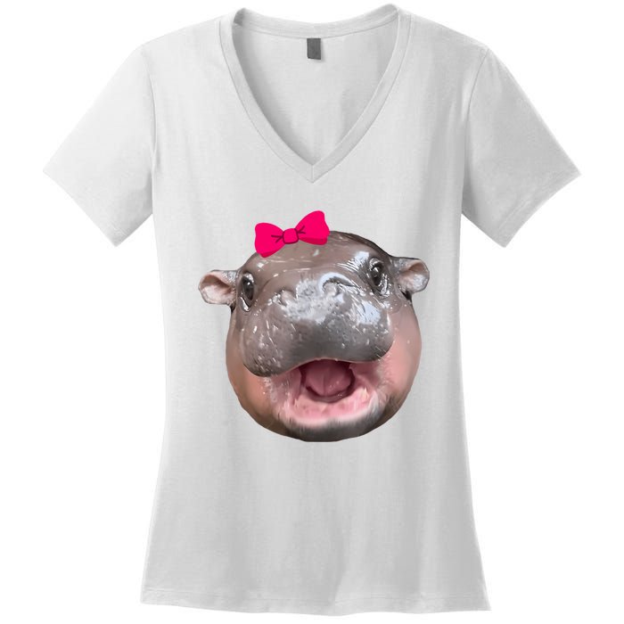 Funny Moo Deng Hippo Cute Baby Pygmy Coquette Women's V-Neck T-Shirt