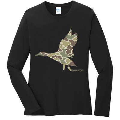 Flying Mallard Duck Camouflage Camo Duck Hunting Camo Hunter Ladies Long Sleeve Shirt