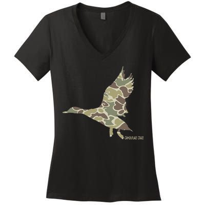 Flying Mallard Duck Camouflage Camo Duck Hunting Camo Hunter Women's V-Neck T-Shirt