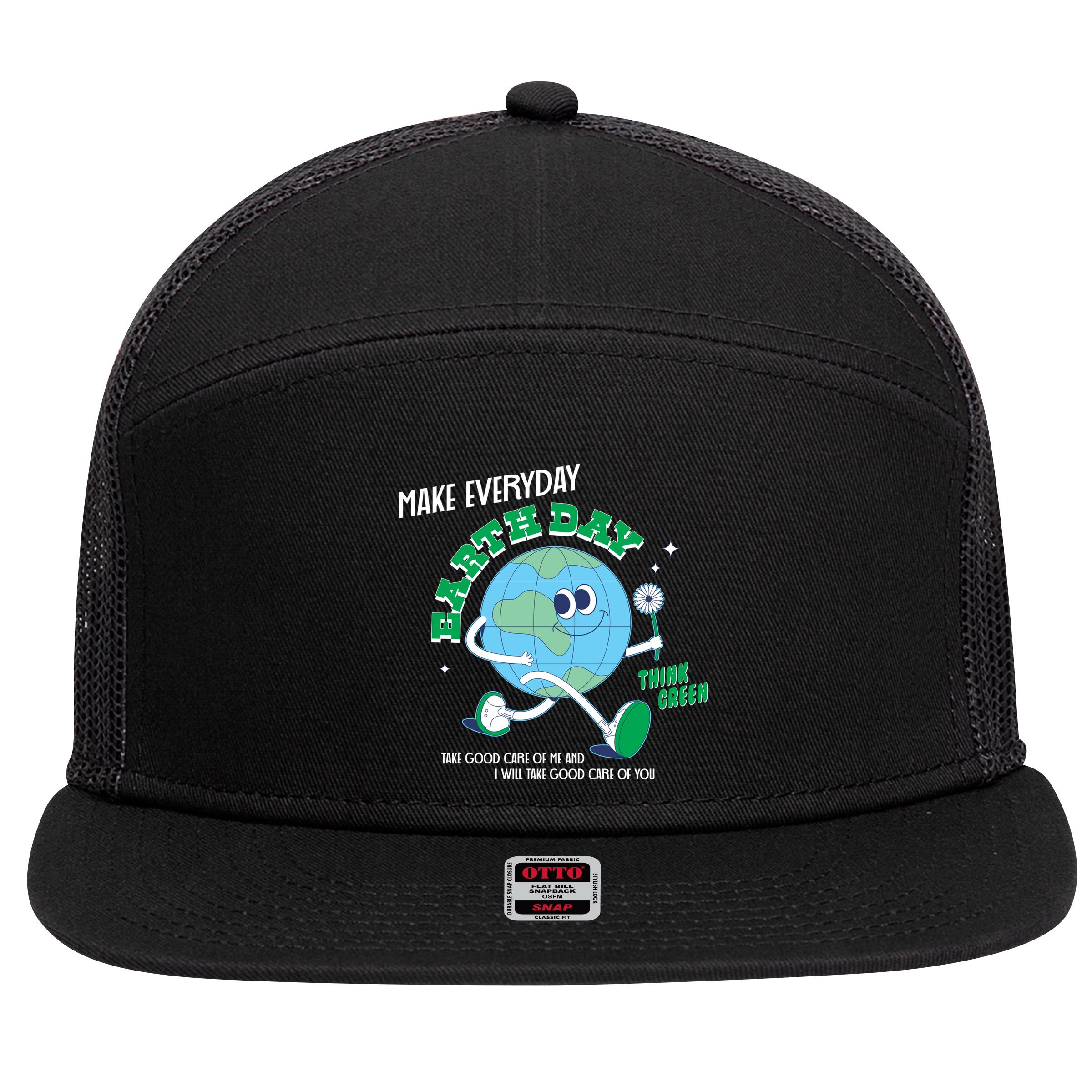 Funny Make Everyday Earth Day Think Green Cartoon Earth 7 Panel Mesh Trucker Snapback Hat