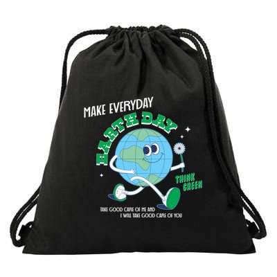 Funny Make Everyday Earth Day Think Green Cartoon Earth Drawstring Bag