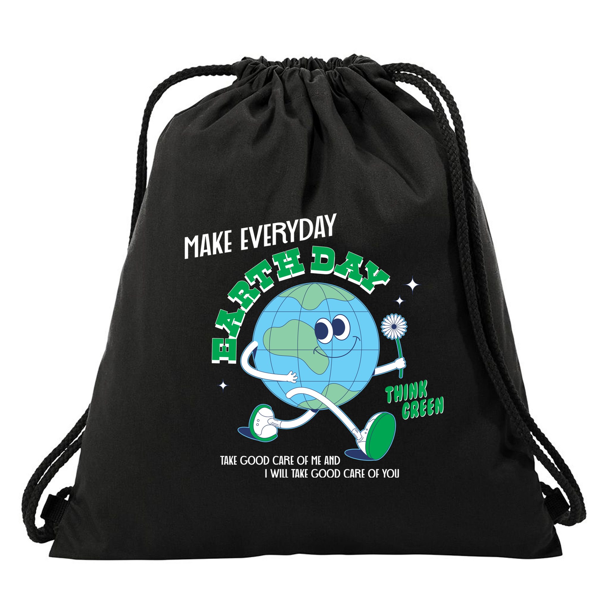 Funny Make Everyday Earth Day Think Green Cartoon Earth Drawstring Bag