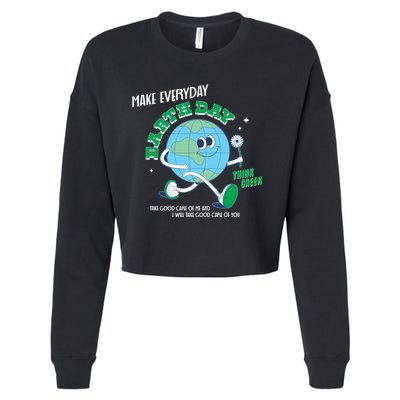 Funny Make Everyday Earth Day Think Green Cartoon Earth Cropped Pullover Crew